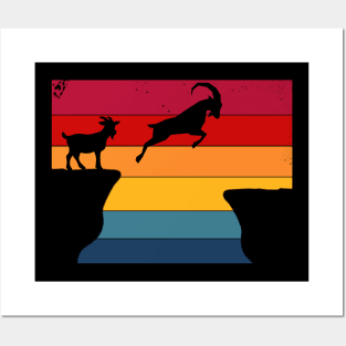 Vintage Retro Sunset Mountain Goats Jump Over Gap Posters and Art